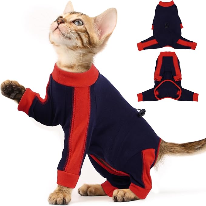 Cat Pajamas for Cats Only, Sticky Hair Cat Clothes, Long Sleeve Sphynx Clothes, Anti-Licking or Skin Disease Recovery Suit for Female Cats, Kitten Onesie Pajamas, DarkBlue, XL