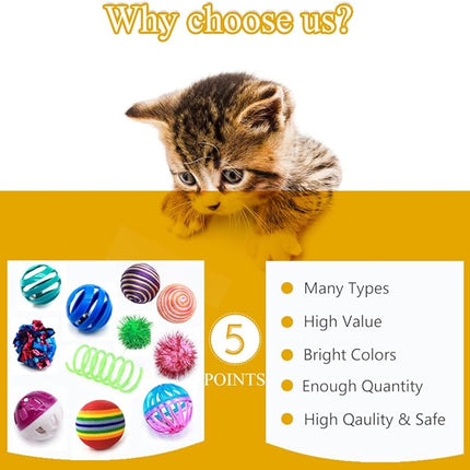 LASOCUHOO Cat Toys Kitten Assortment - Rainbow, Crinkle, Sparkle, Bell & Sisal Balls for All Cats - 30 Packs