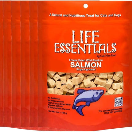 LIFE ESSENTIALS BY CAT-MAN-DOO All Natural Freeze Dried Wild Alaskan Salmon Treats for Cats & Dogs - Single Ingredient No Grain Snack with No Additives or Preservatives, 5 Ounce Bag - 6 Pack
