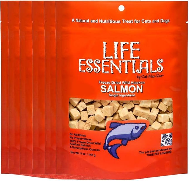 LIFE ESSENTIALS BY CAT-MAN-DOO All Natural Freeze Dried Wild Alaskan Salmon Treats for Cats & Dogs - Single Ingredient No Grain Snack with No Additives or Preservatives, 5 Ounce Bag - 6 Pack