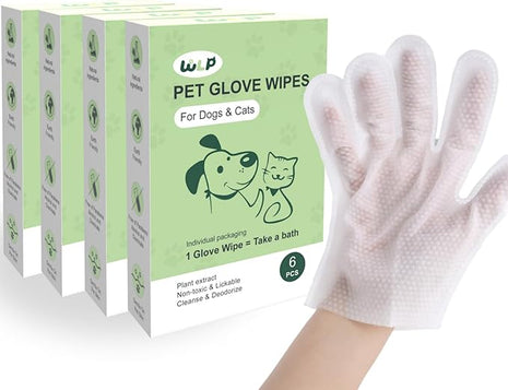 WLP Pet Glove Wipes for Dogs & Cats, Cleaning Deodorizing Hypoallergenic Hydrating Grooming Wipes, Individually Wrapped, Enriched with Aloe & Jojoba Oil for Daily Care, Traveling (24 PCS)