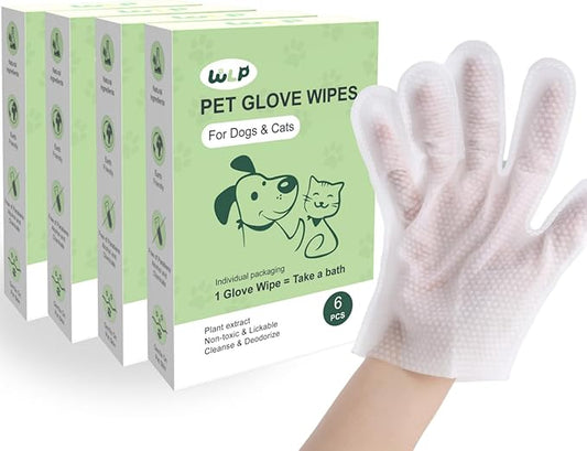 WLP Pet Glove Wipes for Dogs & Cats, Cleaning Deodorizing Hypoallergenic Hydrating Grooming Wipes, Individually Wrapped, Enriched with Aloe & Jojoba Oil for Daily Care, Traveling (24 PCS)