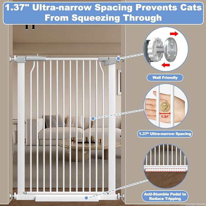 40.55" Extra Tall Baby Gate for Stairs-71.3"-76.7" Wide 1.37" Ultra Narrow Spacing Extra Wide Pet Cat Gate Dog Gate-Auto-Close Pressure Mounted Dog Door for Pets and Kids,White