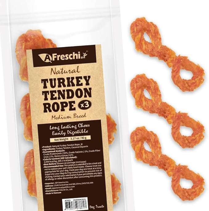AFreschi Turkey Tendons for Dogs, USA-Sourced, Healthy Dog Treats, Rawhide-Free Puppy Chews, Long Lasting, All Natural, Hypoallergenic Dog Treats for Medium Breeds, 3 Count Pack Rope (M)