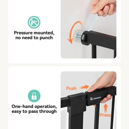 COMOMY 36" Extra Tall Baby Gate for Stairs Doorways, Fits Openings 29.5" to 43.3" Wide, Auto Close Sturdy Safety Dog Gate for House, Pressure Mounted Easy Walk Through Pet Gate with Door, Black