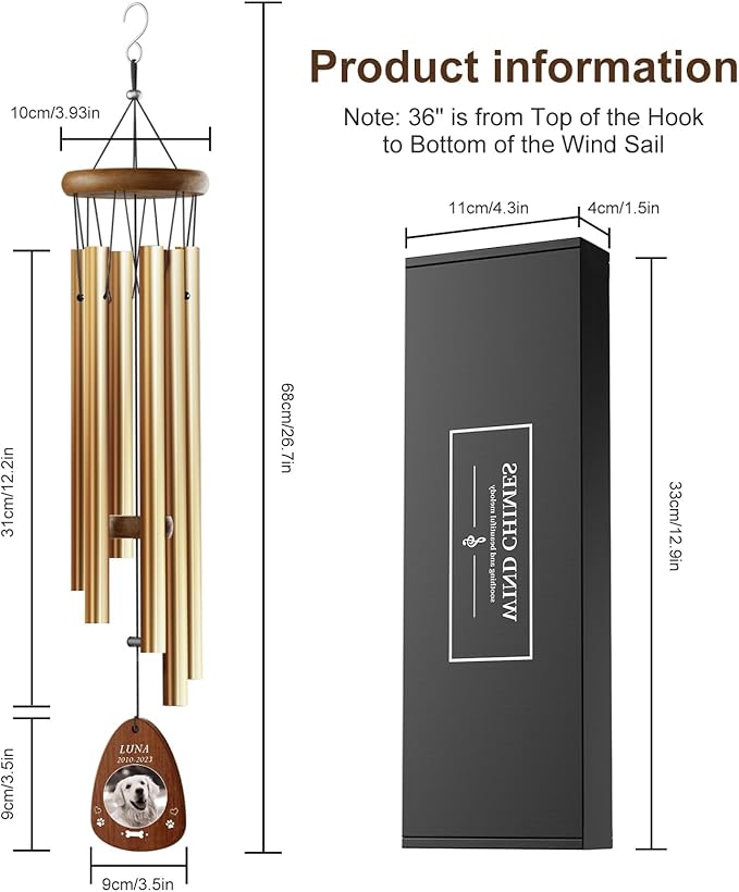 Personalized Pet Memorial Wind Chimes - Dog Memorial Gifts for Loss of Dog Pet Loss Sympathy Gift Wind Chimes for Outdoor Remembrance Gift by Bemaystar (Golden