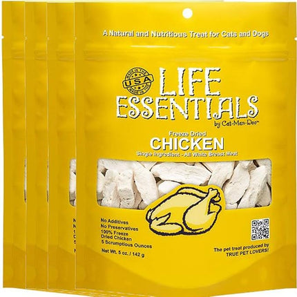 LIFE ESSENTIALS BY CAT-MAN-DOO All-Natural Freeze Dried Chicken Treats for Dogs & Cats Free of Grains, Fillers, Additives and Preservatives Proudly Made in The USA - 4 Pack (5 oz. Bag)