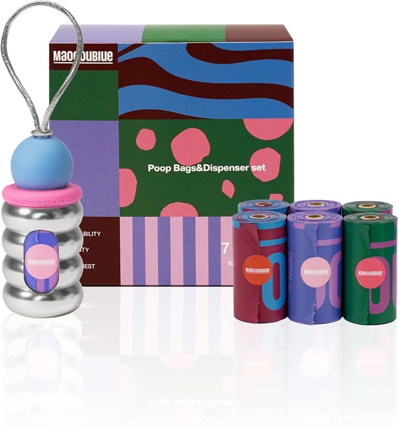 Dog Poop Bags with Dispenser, Leak Proof and Extra Thick Pet Waste Bags for Walking Dog and Cats Litter, 1 Bag Holder and 105 Bags (Silver)