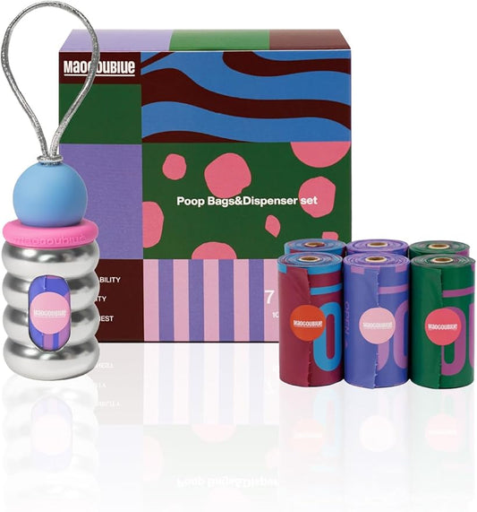 Dog Poop Bags with Dispenser, Leak Proof and Extra Thick Pet Waste Bags for Walking Dog and Cats Litter, 1 Bag Holder and 105 Bags (Silver)