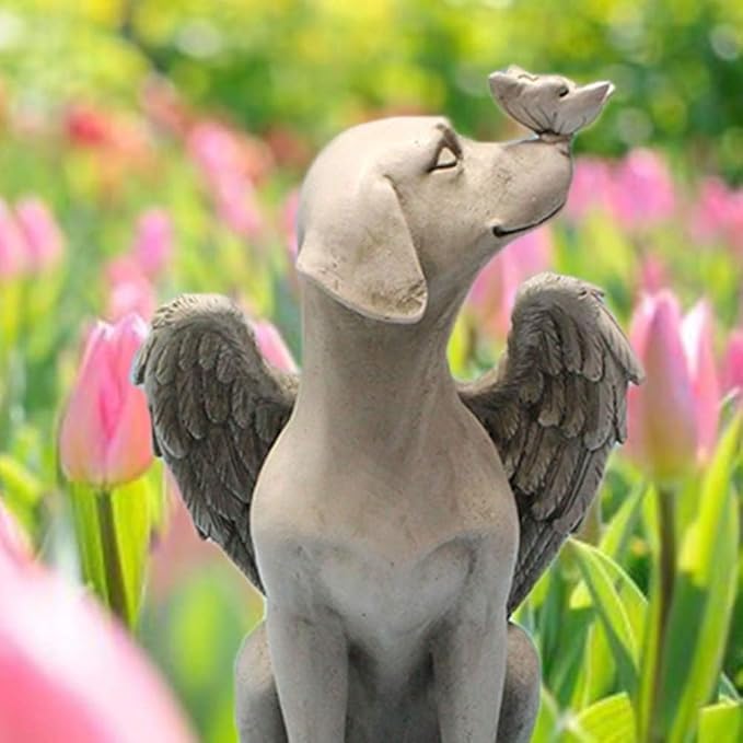 Angel Wing Dog Memorial Stone,Dog Memorial Gifts for Loss of Dog,8 Inch Resin Sleeping Dog Garden Ornament, Pet Grave Marker, Angel Tribute Statue for Dog Bereavement