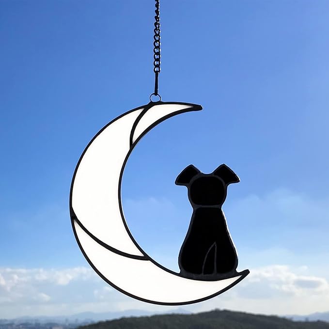 Stained Glass Pet Dog Memorial Gifts for Dog Lovers, Black Dog Decor on White Moon Window Hangings Suncatcher, Loss of Dog Sympathy Gift, Pet Loss Remembrance Gifts in Memory of Dog