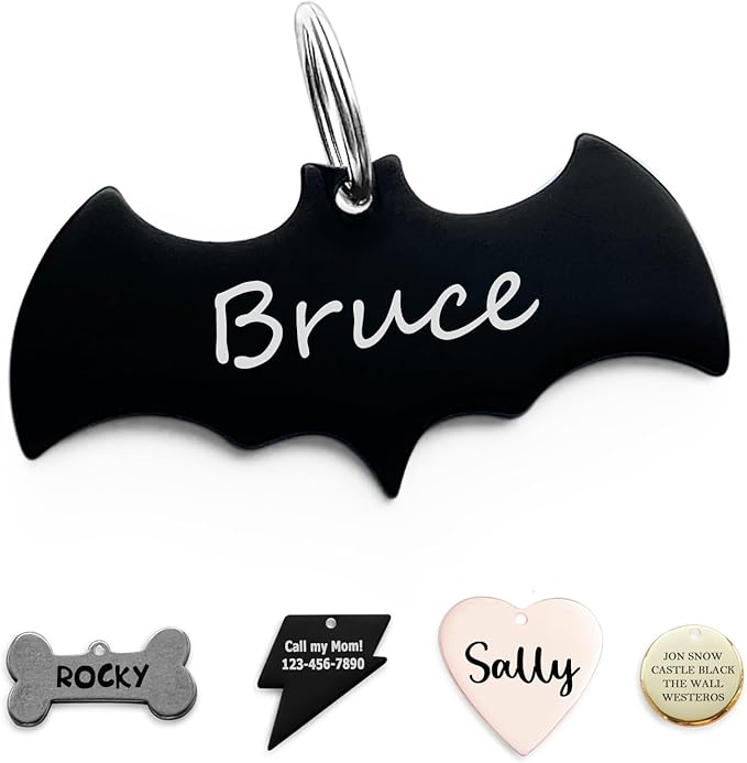316 Surgical Grade Stainless Steel Personalized Dog & Cat ID Tags - Made with three thousand Love for Our Fur-baby - Original Funny Shapes Bat, Engraved Name or Text for Pet Collar Accessories