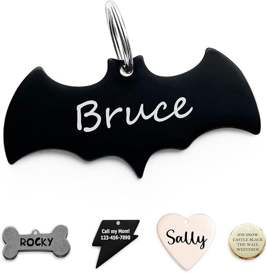316 Surgical Grade Stainless Steel Personalized Dog & Cat ID Tags - Made with three thousand Love for Our Fur-baby - Original Funny Shapes Bat, Engraved Name or Text for Pet Collar Accessories