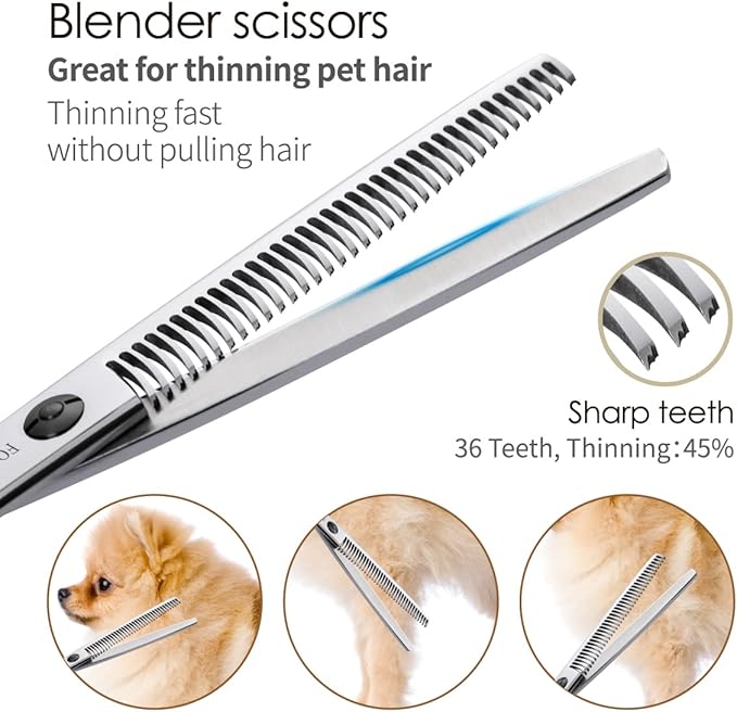 Professional 7.5" Dog Grooming Scissors Kit 4pcs, JP 440C Stainless Steel Curved Blender Straight Chunker Shears for Dog Cat and Pets (7.5 in Kit, Black)