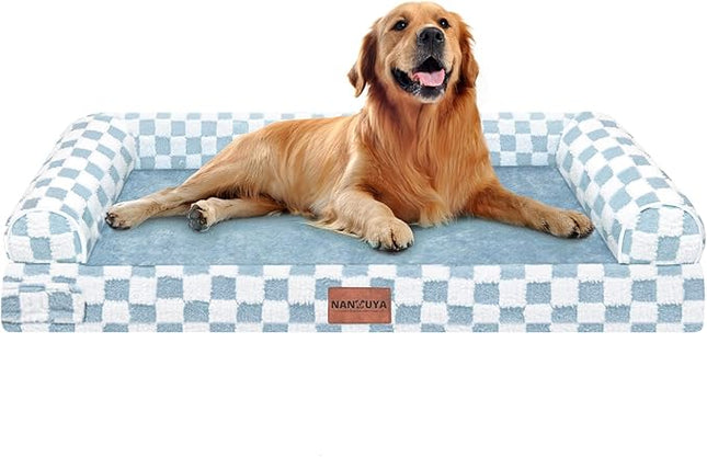 Large Dog Bed Orthopedic Washable: Beds Bolster XL Bed Big XLarge Dogs Egg Crate Foam Couch Sofa Waterproof with Removable Cover - Blue Grid