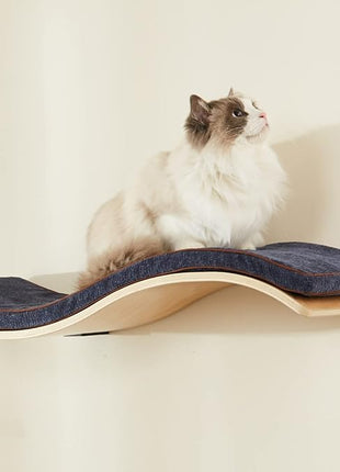 Cat Shelf with Comfortable Cushion - Wave Modern Cat Bed - Minimalistic Floating Cats Wall Perch - Wooden Wall Mounted Cats Furniture for Sleeping, Playing, Climbing, and Lounging