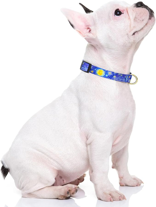 Rnivvi Dog Collar for Small Dogs, Cute Heavy Duty Adjustable Puppy Collar with Quick Release Buckle for Girl & Female, Pet Accessories for Walking Running, XS Length 5/8" Width, Van Gogh Starry Night