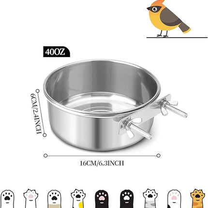 Bird Cage Feeder, Bird Feeder for Cage, 40oz Stainless Steel Food Water Bowl with Clamp, Clip-On Cage Coop Cup for Parrot Hamster Rabbit Rat Small Animals