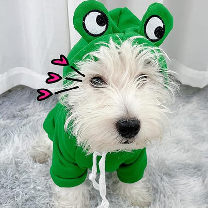 Happy Dog Hoodies for Small Dogs and Cats - Funny Puppy Sweatshirt Coat - Winter, Halloween Frog Costume - Green, Large