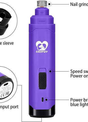 Casfuy Dog Nail Grinder Upgraded - Professional 2-Speed Electric Rechargeable Pet Nail Trimmer Painless Paws Grooming & Smoothing for Small Medium Large Dogs & Cats (Purple)