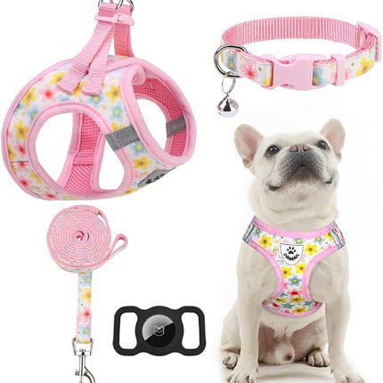 EXPAWLORER Small Dog Harness and Leash Set - Cute Puppy Harness Leash Dog Collar with AirTag Holder Silicone Case, Soft Padded Step in Pet Vest Reflective for Outdoor Walking, Floral M