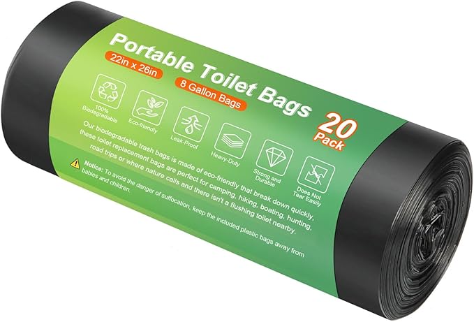 20 PCS Portable Toilet Bags for Camping - 100% Compostable & Biodegradable Toilet Replacement Bags, 8 Gallon Thickened Bucket Liner for Outdoor Boating Trip, Trash Bags Plastic Free