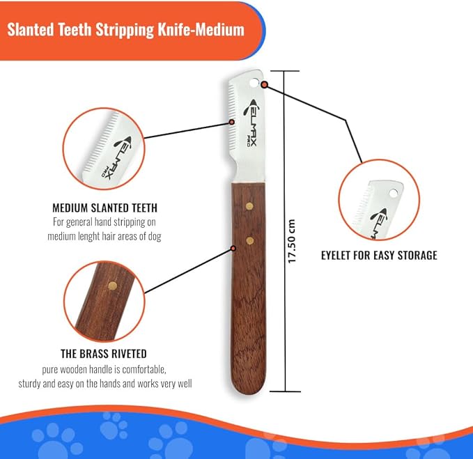 Professional Slant Tooth Stripping Knife for dogs (Pack of 4) Stainless Steel Blades & Rosewood Handle, Efficient Undercoat Removal, Hand Stripping Tools for dog grooming (Right-Handed)