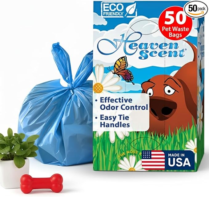 Heaven Scent Dog Poop Bags with Easy Tie Handles | Baby Powder Scented Waste Bags | blue Doggie Poop Bags for Dog Walkers | MADE IN THE USA