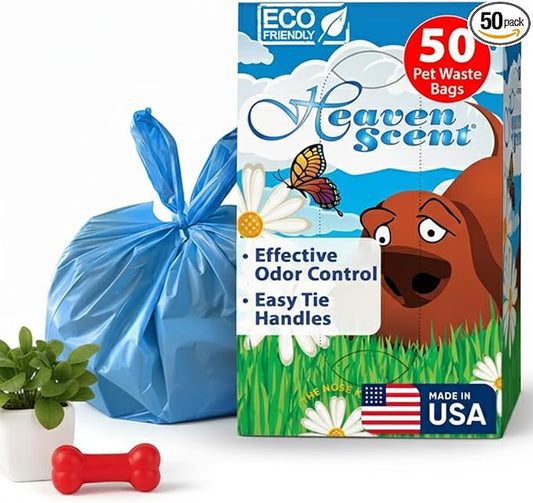 Heaven Scent Dog Poop Bags with Easy Tie Handles | Baby Powder Scented Waste Bags | blue Doggie Poop Bags for Dog Walkers | MADE IN THE USA