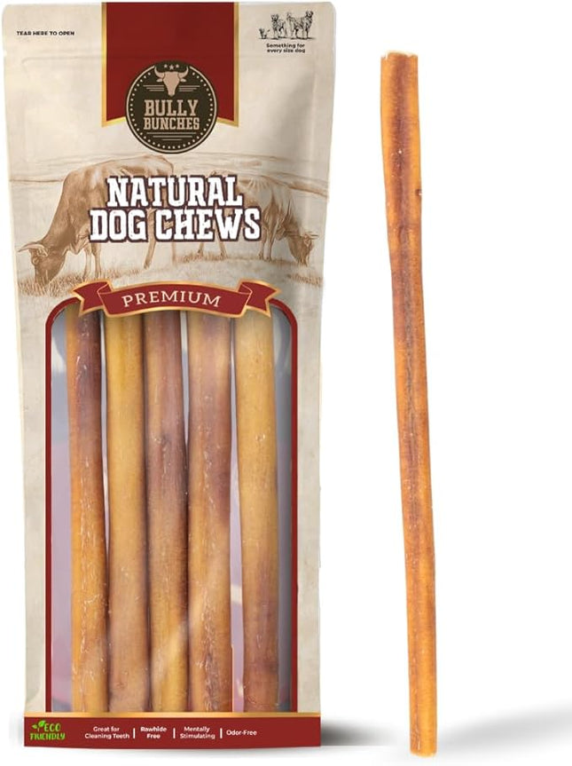 Bully Bunches Premium 12 Inch Standard Odor Free Bully Sticks for Small & Medium Dogs - Long Lasting Chews for Oral Care - Rawhide-Free, All Natural Beef Dog Treats, Packaging May Vary (5 Pk)