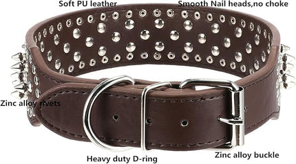 Hoot PU Leather Adjustable Spiked Studded Dog Collar 2" Wide 37 Spikes (M(Neck 19"-22"), Dark Brown)