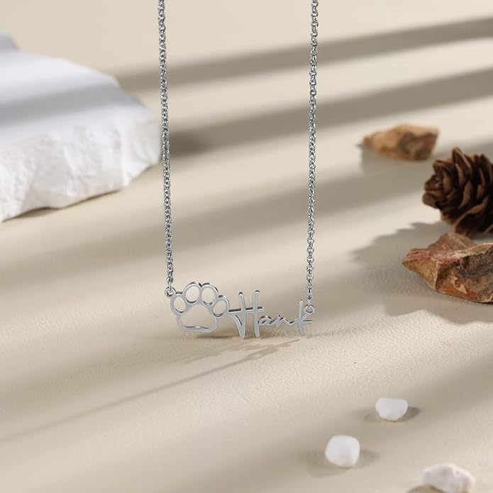 Customized Paw Print Necklace Personalized Pet Name Necklace Custom Engraved Dog Cat Paw Pendant Necklace Pet Memorial Gift for Pet Lovers