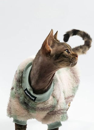 Cat Double-Sided Fleece Clothes, Soft Warm Winter Jumpsuit Sweater Shirt Clothing for Hairless Sphynx, Devon & All Indoor Kittens (Green,XL)