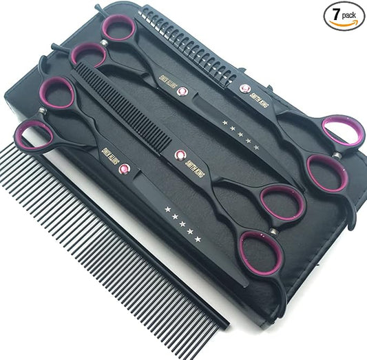 7.0 inches Professional Dog Grooming Scissors Set Straight & thinning & Curved & chunkers & comb 5pcs in 1 Set for left-handed & right handed Black