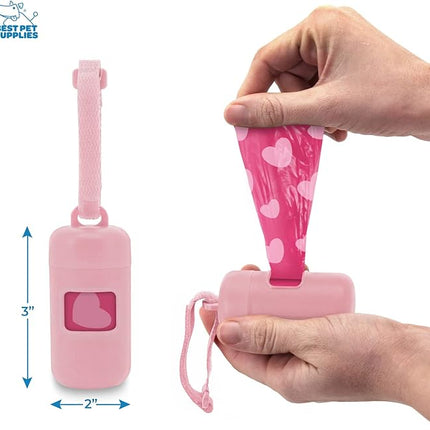 Best Pet Supplies Dog Poop Bag Holder Leash Attachment with 30 Bags, Reusable Dispenser for Travel, Walking, Park, and Outdoor Use, Durable with Clip-On - Pink, Pack of 2