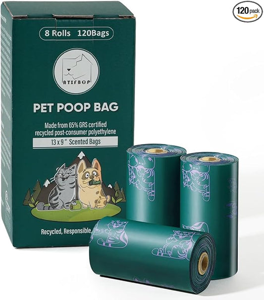 Dog Poop Bags Rolls, Extra Thick and Leak-proof Poop Bags for Dogs, 8 Refill Rolls, Scented Waste Bag for Dog and Cat, Made form 65% Recycled Plastics