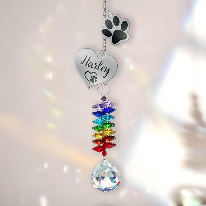 Personalized Dog Memorial Gifts for Loss of Dogs, Crystal Heart & Paw Print Sympathy Gift for Dog Loss, Rainbow Bridge Memorial Suncatcher
