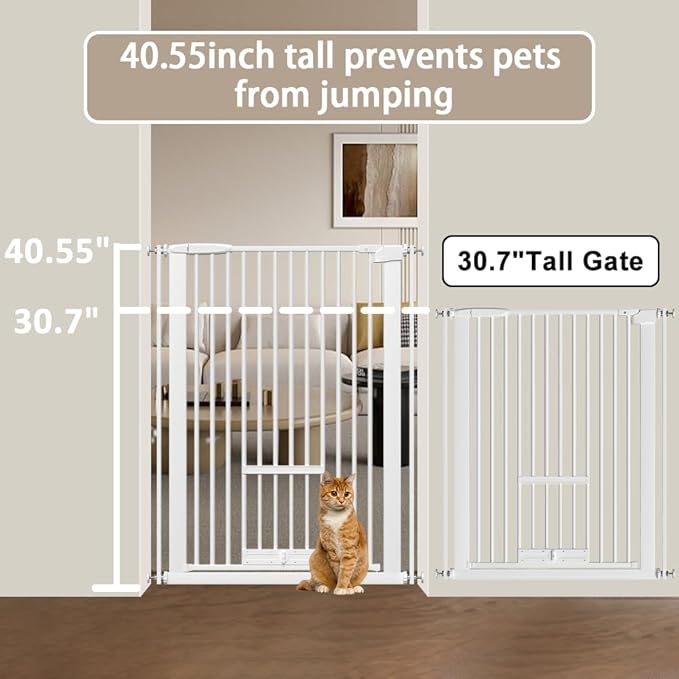 40.55" Tall 1.37" Ultra Narrow Spacing 30.12-61.61" Extra Wide Dogs Pets Baby Gate with Door for Doorway Cat Safety Proof Indoor Puppy Pressure Mounted No Drill White Black Metal Hallway