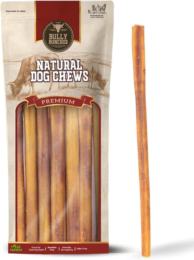Bully Bunches Premium 12" Standard Odor-Free Bully Sticks for Medium & Large Dogs - Long-Lasting, Natural, Single-Ingredient 100% Beef Chews for Oral Health, Rawhide-Free (10-Pack) Made in USA