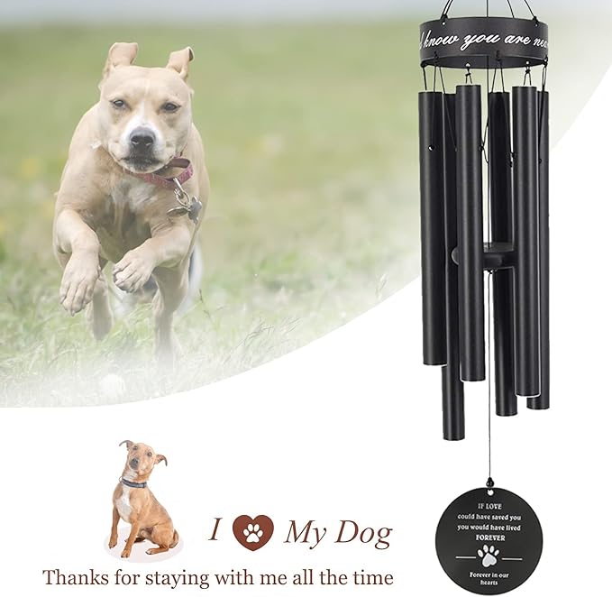 Pet Memorial Wind Chime, 30 Inches Paw Print Pet Remembrance Gift to Honor and Remember a Dog, Cat, or Other Pet, Premium Metal Wind Chime, Black