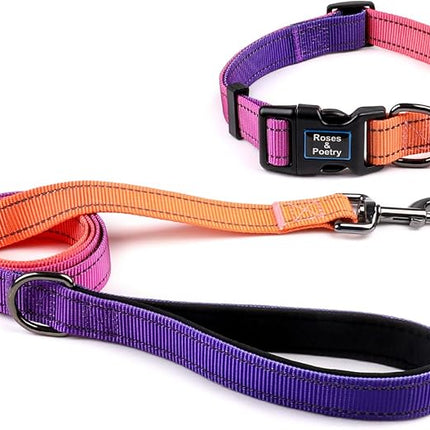Roses&Poetry Reflective Dog Collar and Leash for Large Dogs, Purple Collars with Leashes Set, Adjustable Durable Pet Personalized Collars Leash for Medium Large Dogs （Mistyrose-L