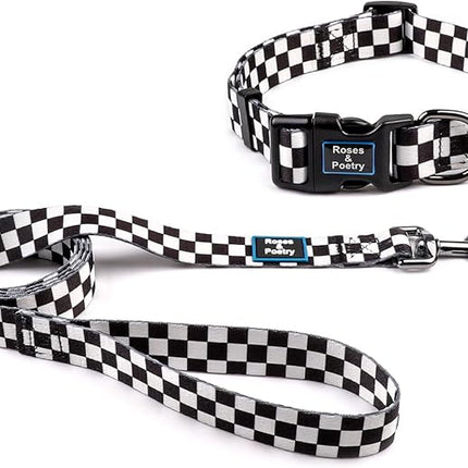 Roses&Poetry Dog Collar and Leash for Extra Small,Adjustable Durable 5ft Puppy Leash Collar for Dog Training Lead（Black & White-XS）