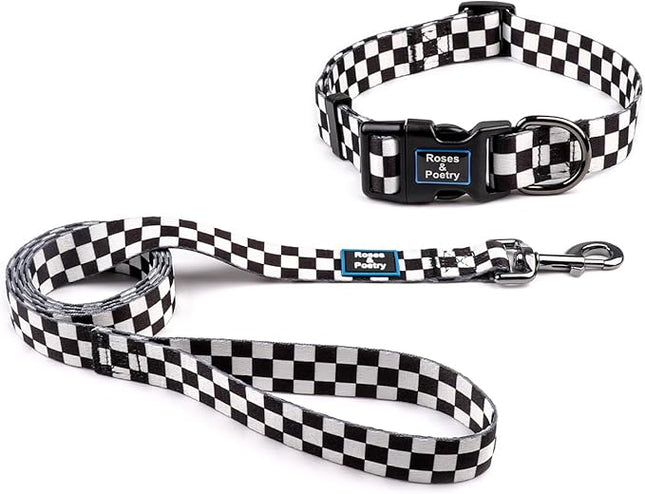 Roses&Poetry Dog Collar and Leash for Extra Small,Adjustable Durable 5ft Puppy Leash Collar for Dog Training Lead（Black & White-XS）