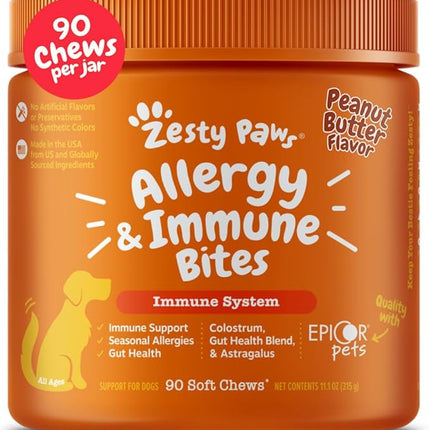 Zesty Paws Dog Allergy Relief Chews, Dog Probiotics for Itchy Skin and Ears, Peanut Butter, 90ct