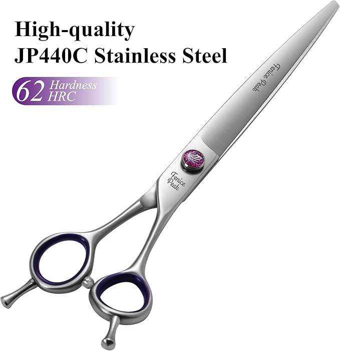 Fenice Peak 7'' Dog Grooming Scissors Set 4PCS Straight Curved Thinning Chunker Shears with Purple Finger Rings and Flashing Screw 440C Stainless Steel Natural Color Trimming Shears Durable and Sharp