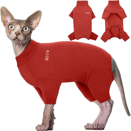 ROZKITCH Hairless Cat Clothes, Breathable Soft Cat Jumpers for Cats Only, Cat Coat with Four Legs, Warm Cat Sweater Cat T-Shirt Cat Pajamas Jumpsuit Vest Cornish Rex Devon Rex Peterbald Red L