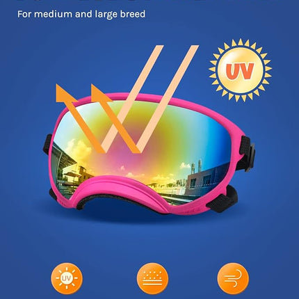 Large Dog Sunglasses, Dog Goggles Large Breed and Medium, UV Protection, Windproof, Dustproof and Snowproof. Shatterproof Lens, Adjustable Strap