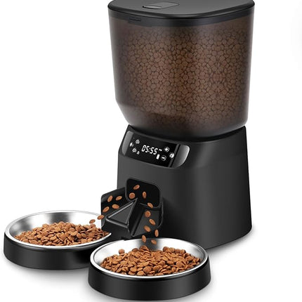 Automatic Cat Feeders for Two Cats, 5L/20 Cups Double Automatic Cat Food Dispenser with 2 Stainless Bowls, Timer Setting 20 Portions 6 Meals Per Day, 10s Meal Call, Pet Feeder for Dog (Black, 5L)
