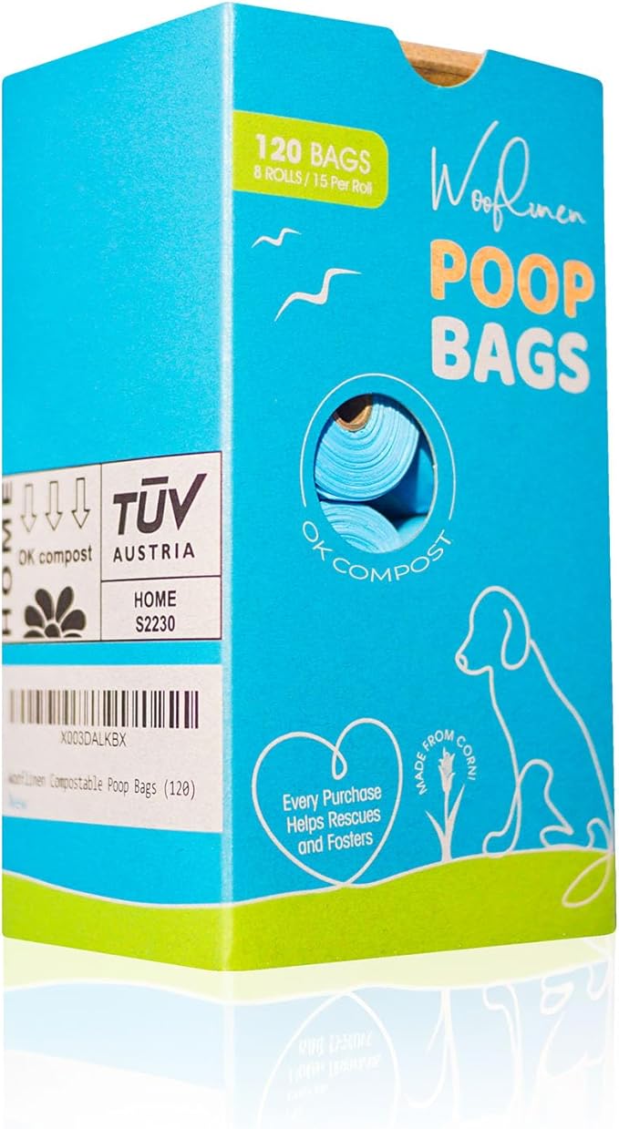 100% Compostable Dog Poop Bags - EN13432 Home Compost Certified Dog Waste Bags, 120 Count (8 Rolls) - Easy Open - Large and Thick