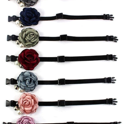 Everflowering Rose Flower Cat Dog Collar Bow Tie - Suede Puppy Necklace with Bell - Chihuahua Yorkie Girl Clothes Costume Outfits Accessory, Adjustable and Handmade (Pink, Size M)